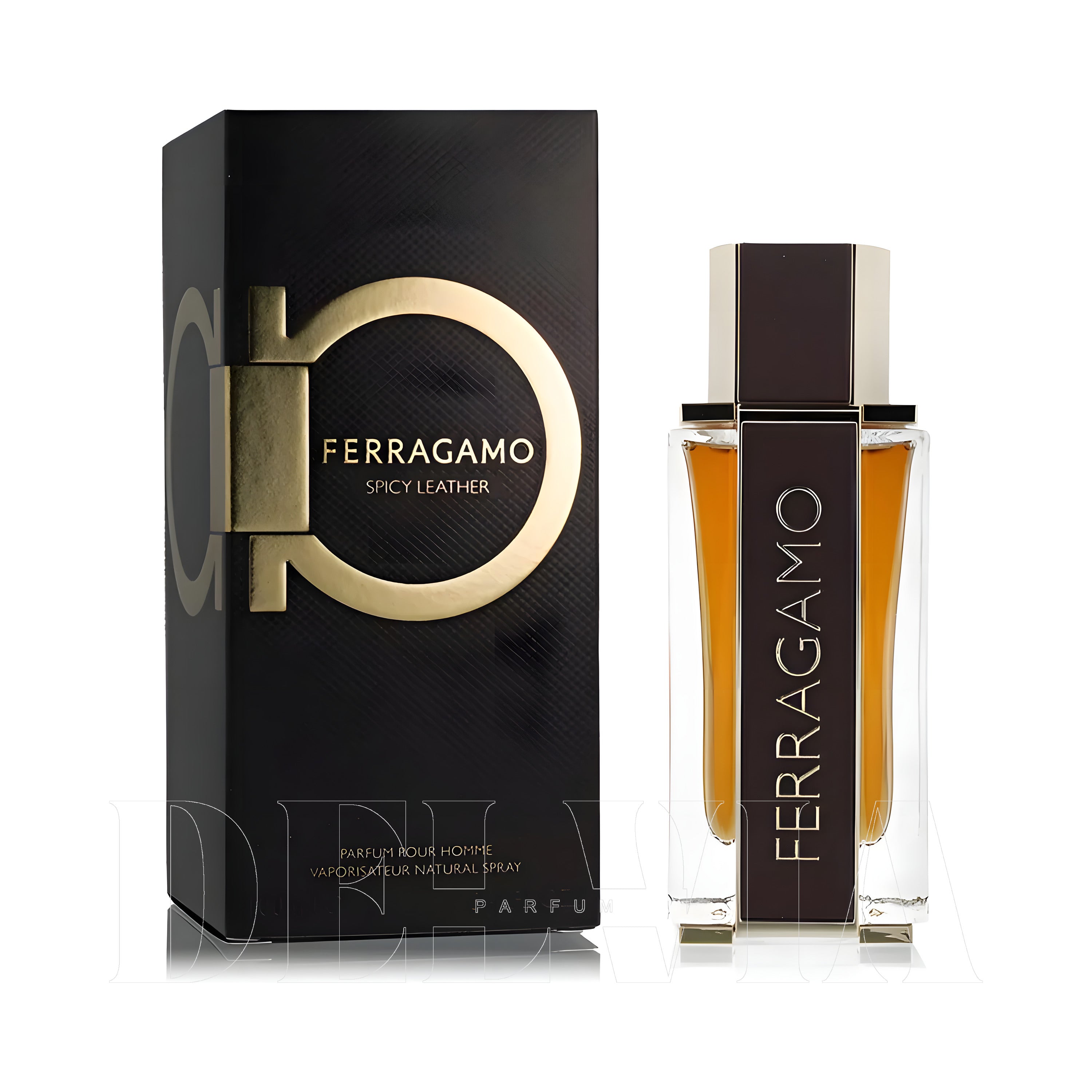 Salvatore Ferragamo Spicy Leather 1 ml dekant parfüm — kutu ve şişe görseli