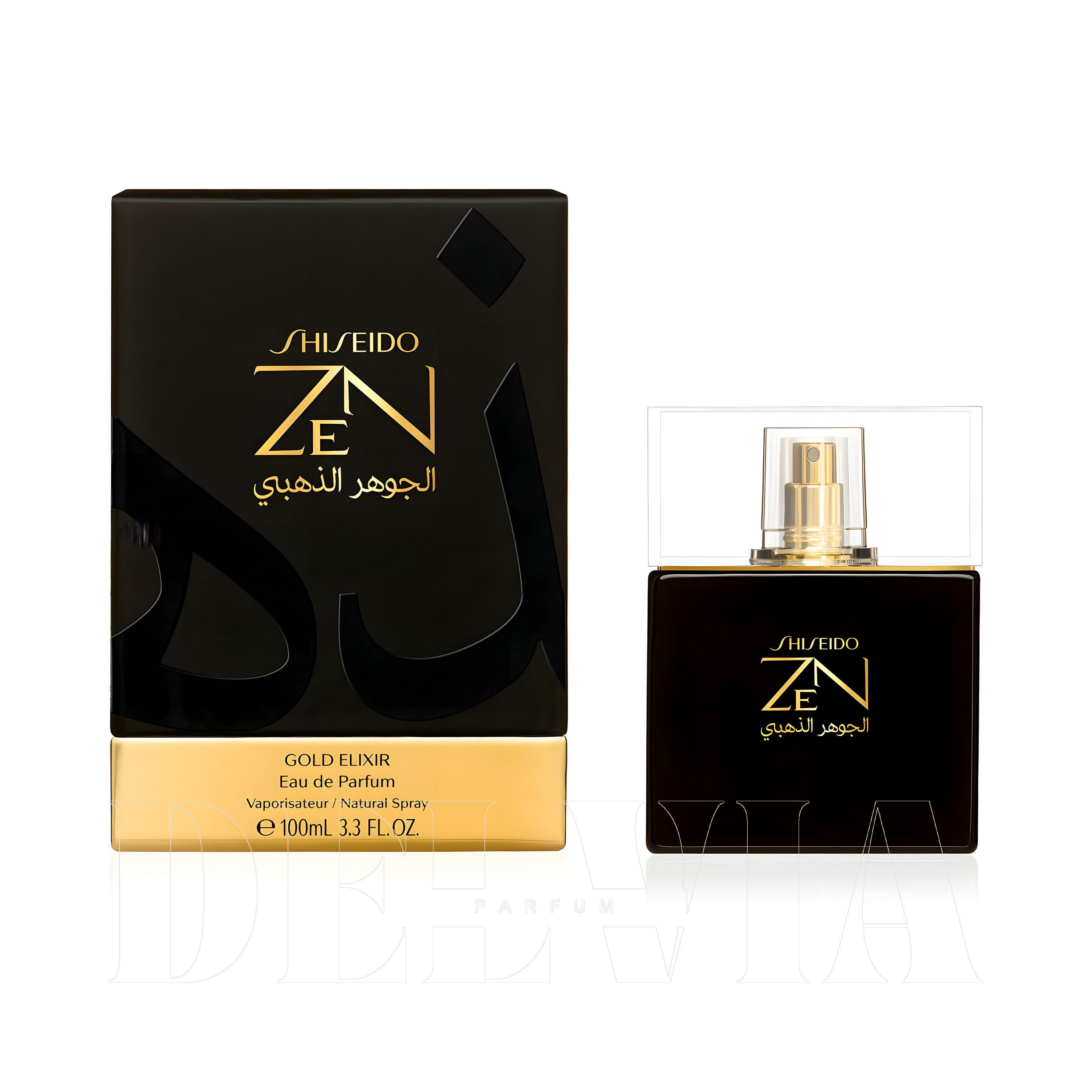 Shiseido Zen Gold Elixir Tam Boy Parfum — kutu ve şişe görseli