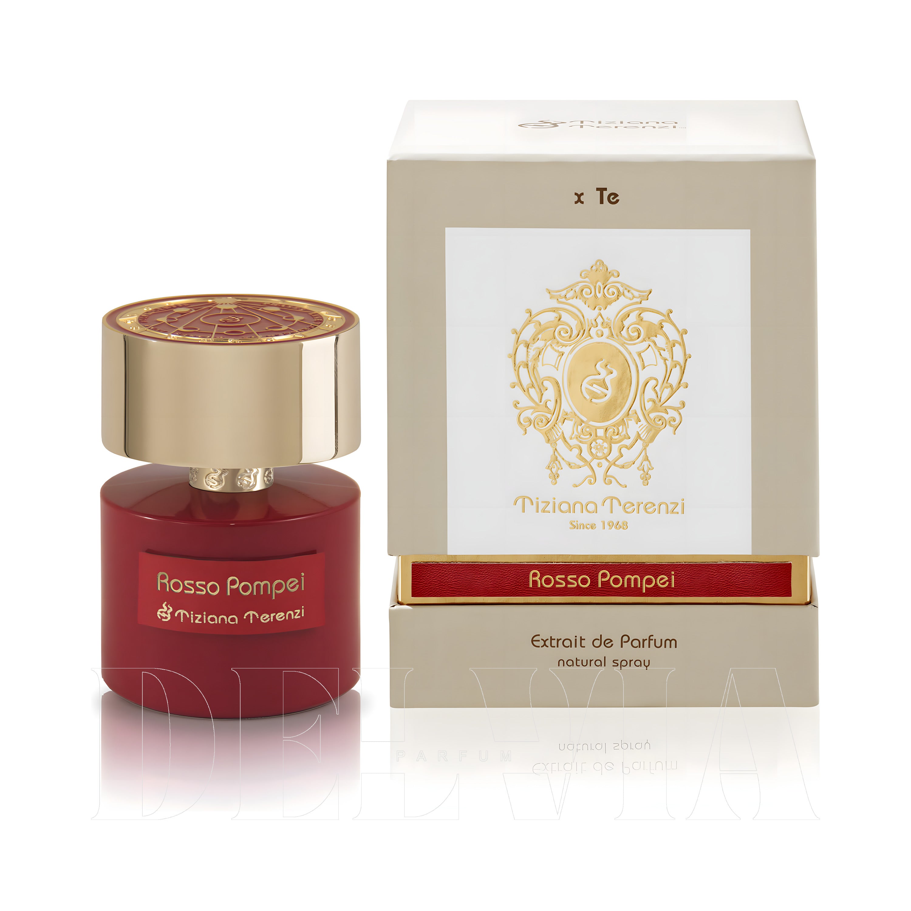 Tiziana Terenzi Rosso Pompei Extrait De Parfum 3 ml dekant parfüm — kutu ve şişe görseli