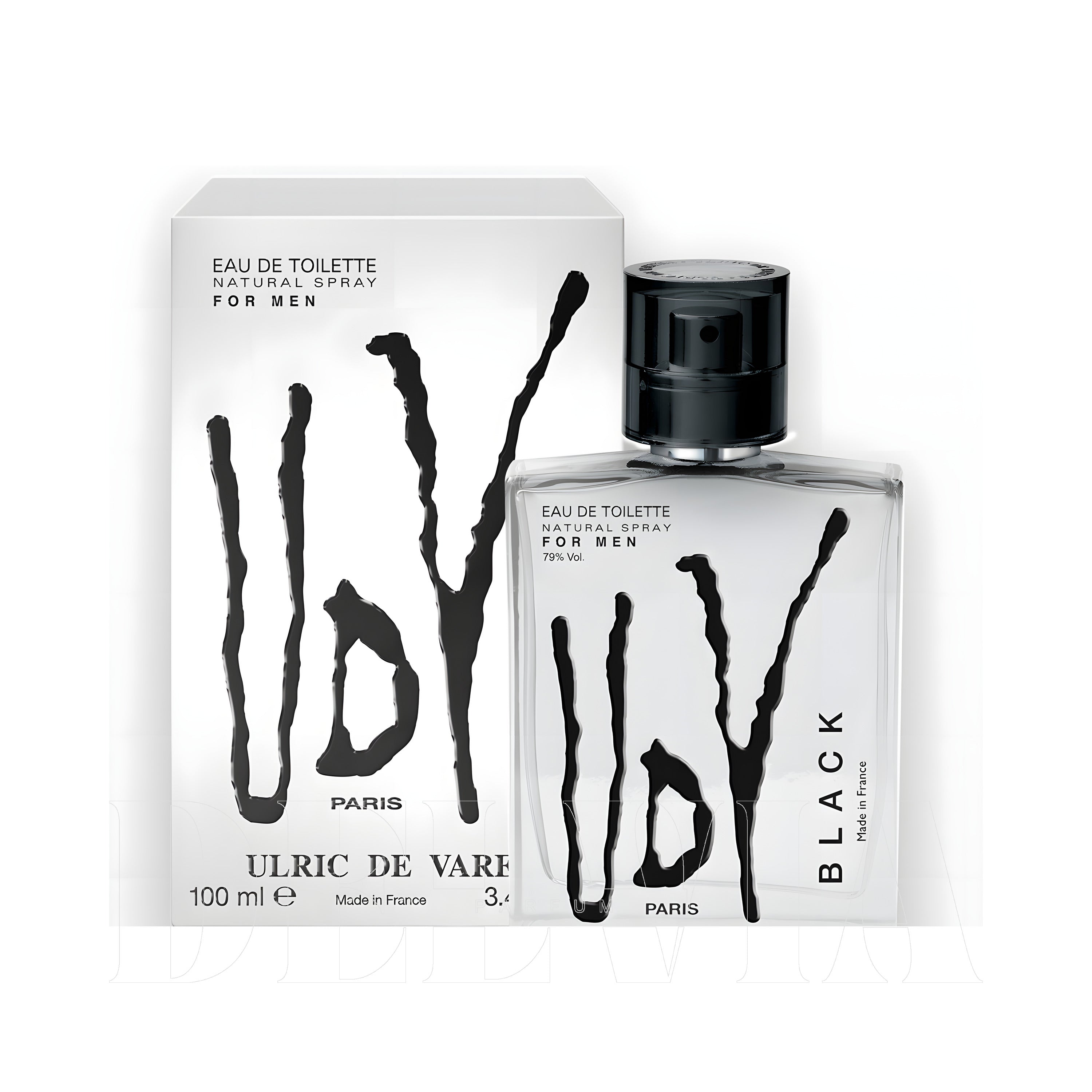 Ulric De Varens Udv Black 1 ml dekant parfüm — kutu ve şişe görseli