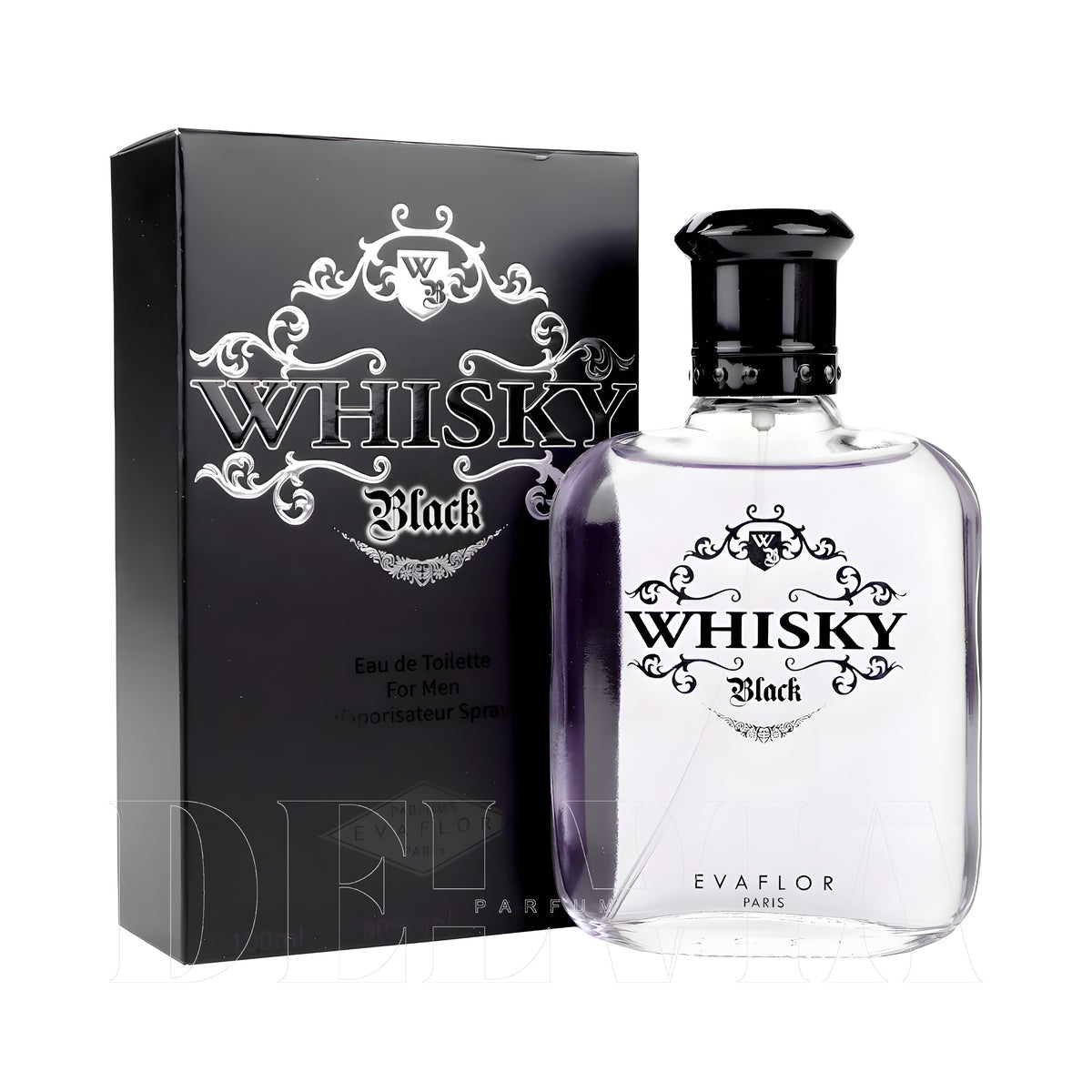 Whisky Evaflor Black For Men Edt Araba Kokusu — kutu ve şişe görseli