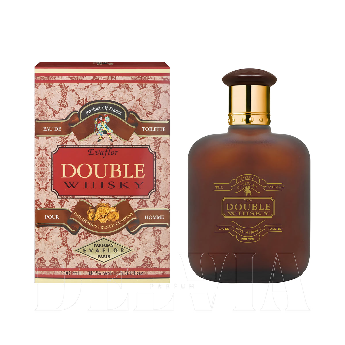 Whisky Evaflor Double For Men Edt 8 ml dekant parfüm — kutu ve şişe görseli
